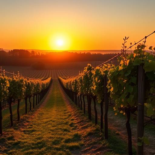 Image de la série 'Le Chant des Vignes', montrant un vignoble baigné par le soleil couchant en Bourgogne.